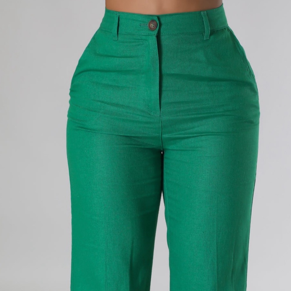 •Living For Linen• Green Linen Straight Front Single Button Wide Leg Pants - Picture 4 of 5